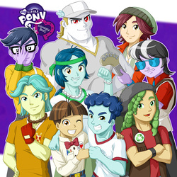 Size: 1000x1000 | Tagged: safe, artist:uotapo, brawly beats, bulk biceps, captain planet, curly winds, microchips, normal norman, ringo, sandalwood, some blue guy, wiz kid, human, equestria girls, g4, my little pony equestria girls: rainbow rocks, background human, beanie, equestria girls logo, gay, glasses, grin, guitar, handsome, hat, looking at you, male, ship:wizwinds, shipping, smiling, sunglasses, wink