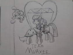 Size: 1280x960 | Tagged: safe, artist:thecrimsondm, maud pie, pinkie pie, trixie, pony, unicorn, g4, female, hug, lesbian, mare, monochrome, rope, ship:mauxie, shipping, traditional art, wedding