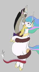 Size: 547x1000 | Tagged: safe, artist:8aerondight8, discord, princess celestia, alicorn, draconequus, pony, g4, belly, belly expansion, big belly, blimpestia, duo, female, growth, hug, inflation, kiss inflation, kissing, male, mare, puffy cheeks, ship:dislestia, shipping, straight, sunbutt
