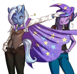 Size: 1024x993 | Tagged: safe, artist:redblacktac, trixie, twilight sparkle, anthro, g4, cape, clothes, hat