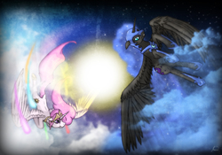 Size: 1531x1073 | Tagged: safe, artist:ryuukiba, nightmare moon, princess celestia, g4