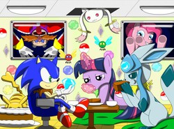 Size: 800x592 | Tagged: safe, artist:jeraldkintobor, twilight sparkle, glaceon, pikachu, g4, ceiling cat, crossover, doctor eggman, incubator (species), kyubey, male, pokémon, puella magi madoka magica, sonic the hedgehog, sonic the hedgehog (series), tea