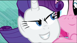 Size: 1280x720 | Tagged: safe, edit, edited screencap, screencap, pinkie pie, rarity, g4, evil smile, inverted mouth, rapeface