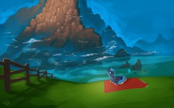 Size: 1280x800 | Tagged: safe, artist:rain-gear, princess luna, alicorn, pony, lunadoodle, g4, female, mare, mountain, picnic, prone, s1 luna, scenery, smiling, solo