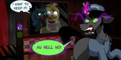 Size: 1280x641 | Tagged: safe, artist:jokerpony, king sombra, queen chrysalis, g4, chica, five nights at freddy's, help me