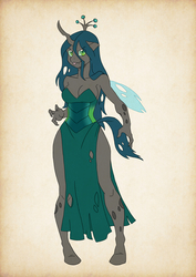 Size: 1200x1697 | Tagged: safe, artist:thecreator9, queen chrysalis, changeling, changeling queen, anthro, g4, clothes, dress, female, solo, tongue out