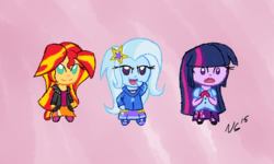 Size: 1000x600 | Tagged: safe, artist:novaspark, sunset shimmer, trixie, twilight sparkle, equestria girls, g4, chibi, counterparts, magical trio, twilight's counterparts
