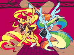 Size: 1280x960 | Tagged: safe, artist:crackiepipe, rainbow dash, sunset shimmer, pony, g4, bipedal, clothes, concert, guitar, heavy metal, leather jacket, microphone, rock (music), stage