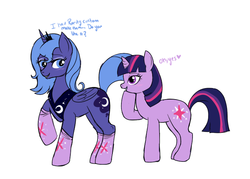 Size: 700x500 | Tagged: safe, artist:lulubell, princess luna, twilight sparkle, alicorn, unicorn, g4, 2011, artifact, blush lines, blushing, clothes, cutie mark socks, eyeshadow, female, folded wings, fulfilled cutie mark, horn, implied rarity, jewelry, lesbian, looking at each other, looking at someone, makeup, peytral, raised hoof, s1 luna, ship:twiluna, shipping, simple background, socks, spoken heart, text, tiara, unicorn twilight, white background, wings