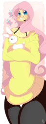 Size: 2000x5300 | Tagged: safe, artist:mili-kat, artist:yummisweets, angel bunny, fluttershy, human, g4, anatomical horror, anatomically incorrect, clothes, crying, disproportionate, female, humanized, solo, sweatershy, tiny head