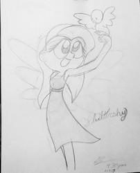 Size: 639x790 | Tagged: safe, artist:doni-featherwing, fluttershy, bird, human, g4, female, humanized, monochrome, solo, traditional art, winged humanization