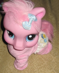 Size: 823x1024 | Tagged: safe, pinkie pie (g3), earth pony, pony, g3, official, baby, baby pie (g3), baby pony, bow, cute, diaper, electronic toy, female, filly, foal, g3 diapinkes, hair bow, hasbro, heart, heart eyes, irl, photo, so soft, so soft crawling pinkie pie, toy, wingding eyes