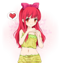 Size: 1200x1230 | Tagged: safe, artist:d-tomoyo, apple bloom, human, g4, adorabloom, belly button, blushing, clothes, cute, female, heart, heart hands, humanized, looking at you, midriff, pictogram, shorts, simple background, smiling, solo, swimsuit, transparent background
