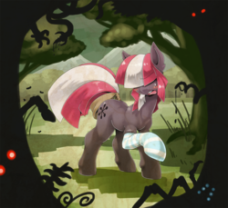 Size: 1000x914 | Tagged: safe, artist:oze, oc, oc only, oc:asterisk the witch, oc:stripe shine, earth pony, insect, pony, blushing, clothes, dark, ear fluff, eyebrows, eyebrows visible through hair, female, forest, frown, glowing eyes, hidden eyes, mare, open mouth, raised eyebrow, raised hoof, sock, socks, solo, striped socks, tail wrap