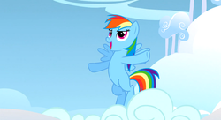 Size: 1099x597 | Tagged: safe, screencap, rainbow dash, pegasus, pony, g4, arms wide open, bipedal, cloud, cloudy, female, mare, proud, sky, smiling, solo