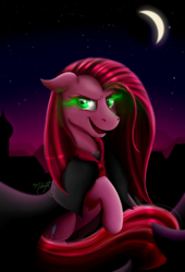Size: 1363x2000 | Tagged: safe, artist:midnightsix3, pinkie pie, earth pony, pony, g4, cape, clothes, crescent moon, dr jekyll and mr hyde, dr pinkie and miss pie, female, glowing eyes, green eyes, mare, moon, night, pinkamena diane pie, signature, solo, sombra eyes