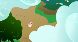 Size: 1098x597 | Tagged: safe, screencap, fluttershy, pegasus, pony, g4, my little pony: friendship is magic, sonic rainboom (episode), cloud, cloudy, female, solo