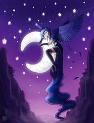 Size: 1613x2100 | Tagged: safe, artist:king-kakapo, princess luna, human, g4, clothes, dress, feather, female, glowing, glowing horn, horn, horned humanization, hug, humanized, moon, mountain, night, plushie, snuggling, socks, solo, stars, stockings, tailed humanization, tangible heavenly object, thigh highs, winged humanization