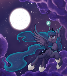 Size: 1500x1701 | Tagged: safe, artist:raunchyopposition, princess luna, alicorn, pony, g4, cute, ethereal mane, ethereal tail, female, flying, hoof shoes, long mane, long tail, lunabetes, magic, mare, moon, night, princess shoes, smiling, solo, starry mane, starry tail, stars, sternocleidomastoid, tail, wings