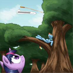 Size: 1161x1172 | Tagged: safe, artist:otakuap, edit, rainbow dash, scootaloo, twilight sparkle, alicorn, pony, g4, cropped, female, mare, scenery, scootaloo can fly, this will end in tears and/or death and/or covered in tree sap, tree sap and pine needles, twilight sparkle (alicorn), wheeeee
