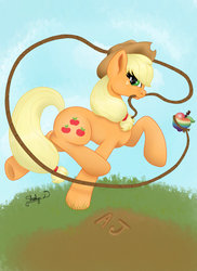 Size: 1024x1408 | Tagged: safe, artist:theluminescence, applejack, g4, female, lasso, looking at you, mouth hold, rope, running, smiling, solo, underhoof, zap apple