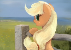 Size: 1422x1000 | Tagged: safe, artist:scootiebloom, applejack, earth pony, pony, g4, female, fence, freckles, looking at you, looking back, looking back at you, mare, open mouth, rear view, solo, water