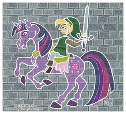 Size: 1024x927 | Tagged: safe, artist:seeburglar, twilight sparkle, hylian, pony, unicorn, g4, hoers, human and pony, humans riding ponies, link, master sword, riding, sword, the legend of zelda, the legend of zelda: a link between worlds, weapon