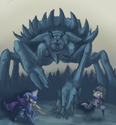 Size: 1200x1300 | Tagged: safe, artist:xilenobody143, opalescence, rarity, crab, felyne, giant crab, g4, armor, gun, magic, monster hunter, rarity fighting a giant crab, shogun ceanataur, weapon