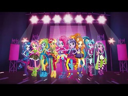 Size: 1024x768 | Tagged: safe, screencap, adagio dazzle, applejack, aria blaze, fluttershy, pinkie pie, rainbow dash, rarity, sonata dusk, twilight sparkle, equestria girls, g4, my little pony equestria girls: rainbow rocks, commercial, female, hasbro gaming, letterboxing, mane six, ponied up, rainbow rocks (commercial), the dazzlings, the rainbooms, wtf