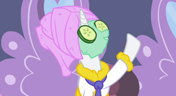 Size: 1099x597 | Tagged: safe, screencap, rarity, g4, green isn't your color, bathrobe, clothes, cucumber, female, mud mask, raised hoof, robe, solo, spa