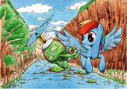 Size: 2000x1410 | Tagged: safe, artist:ecmonkey, rainbow dash, tank, g4, ghastly gorge, river