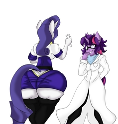 Size: 1239x1309 | Tagged: safe, artist:mad'n evil, rarity, sci-twi, twilight sparkle, anthro, g4, ass, butt, butt expansion, expansion, fat, hips, huge butt, impossibly large butt, large butt, panty line, rearity, tail, tail hole, the ass was fat, thighs, thunder thighs, twirarigain, weight gain