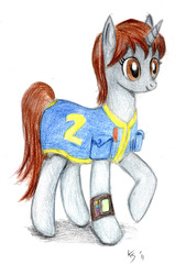 Size: 1413x2093 | Tagged: safe, artist:otherunicorn, oc, oc only, oc:littlepip, pony, unicorn, fallout equestria, clothes, fanfic, fanfic art, female, jumpsuit, mare, pipbuck, simple background, solo, traditional art, vault suit, white background