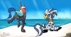 Size: 1224x648 | Tagged: dead source, safe, artist:auroriia, queen chrysalis, zecora, changeling, changeling queen, zebra, g4, beach, beach ball, duo