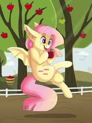 Size: 1536x2048 | Tagged: safe, artist:sarehkee, fluttershy, g4, apple, female, flutterbat, solo, that pony sure does love apples