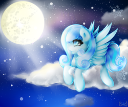 Size: 2400x2000 | Tagged: safe, artist:thetarkaana, oc, oc only, oc:snowdrop, cloud, cloudy, crying, high res, moon, snow, snowfall