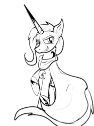Size: 1280x1707 | Tagged: safe, artist:dazed-and-wandering, trixie, pony, unicorn, g4, cloak, clothes, female, mare, monochrome, smiling, solo, wip
