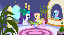 Size: 1099x597 | Tagged: safe, screencap, fluttershy, lotus blossom, rarity, g4, green isn't your color, hat