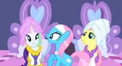 Size: 1099x597 | Tagged: safe, screencap, fluttershy, lotus blossom, rarity, g4, green isn't your color, mud mask, spa