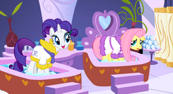 Size: 1099x597 | Tagged: safe, screencap, fluttershy, rarity, g4, green isn't your color, spa