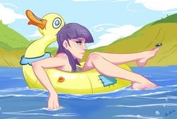 Size: 5446x3653 | Tagged: safe, artist:swain, boulder (g4), maud pie, duck, human, art pack:my little sweetheart, art pack:my little sweetheart 3, g4, balancing, barefoot, feet, floating, floaty, humanized, inflatable, inflatable toy, inner tube, pond, rock, solo, water