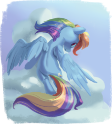 Size: 1263x1393 | Tagged: safe, artist:verrmont, rainbow dash, pegasus, pony, g4, back, cloud, female, flying, looking at you, looking back, looking back at you, solo