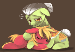 Size: 1191x840 | Tagged: safe, artist:ende26, big macintosh, granny smith, earth pony, pony, g4, colt, comforting, crying, cute, eyes closed, floppy ears, hug, male, prone, smiling, stallion, younger