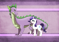 Size: 1023x731 | Tagged: safe, artist:blueheart417, rarity, spike, dragon, pony, unicorn, g4, blushing, female, male, mare, older, older spike, ship:sparity, shipping, straight