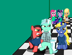 Size: 2160x1669 | Tagged: safe, artist:spellboundcanvas, applejack, lyra heartstrings, pinkie pie, twilight sparkle, earth pony, pony, unicorn, fanfic:asylum, g4, asylum, bipedal, fanfic, fanfic art, horn, horn cap, hospital gown, magic suppression, orderly, pinkamena diane pie, straitjacket, syringe