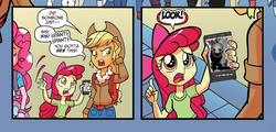 Size: 1038x499 | Tagged: safe, edit, idw, official comic, apple bloom, applejack, pinkie pie, equestria girls, g4, spoiler:comic, spoiler:comicholiday2014, apple bloom's phone, five nights at freddy's, five nights at freddy's 2, idw advertisement, puppet