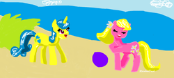 Size: 1896x859 | Tagged: safe, artist:roaa2001, lemon hearts, lily, lily valley, g4, ball, beach, duo