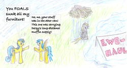 Size: 800x429 | Tagged: safe, artist:draconic-origin, derpy hooves, lemon hearts, sunshower raindrops, pegasus, pony, g4, colored, crying, dialogue, female, implied muffins, mare, moving, raincloud, traditional art, u-haul