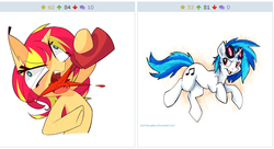 Size: 509x276 | Tagged: safe, dj pon-3, sunset shimmer, vinyl scratch, pony, unicorn, derpibooru, g4, booze, exploitable meme, juxtaposition, juxtaposition win, meme, meta