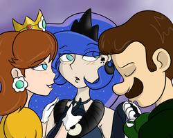 Size: 1000x800 | Tagged: safe, artist:wryte, princess luna, human, g4, adventure in the comments, bisexual, blushing, clothes, crossover, crossover shipping, crown, female, flirting, gentlemen, hand kiss, holding hands, humanized, implied threesome, lesbian, lesbian in front of boys, luigi, male, princess daisy, shipping, straight, super mario bros., super mario land